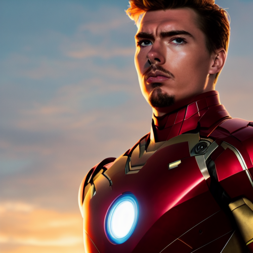 Artificial Intelligence (AI) generated image art, portrait of a young man who looks similar to Tony Stark in an iron man suit, the background is a sunset sky