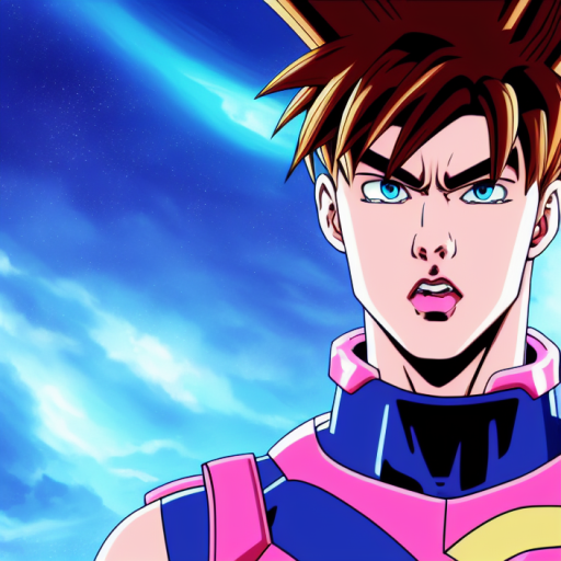 Artificial Intelligence (AI) generated image art, portrait of a male space soldier in a pink suit, the portrait is drawn in the style of the Dragon Ball Z anime