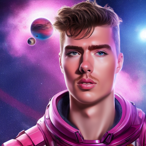 Artificial Intelligence (AI) generated image art, a realistic portrait of a young man with blue eyes and brown hair in a pink space suit looking at the camera, the background is space in a pink and purple tint with two planets circling each other