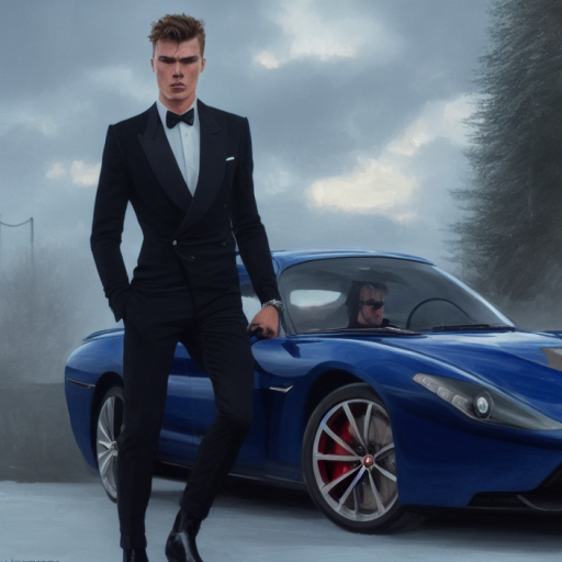 Artificial Intelligence (AI) generated image art, full body portrait of a young man in a black suit leaning on a blue sportscar on a grey and cloudy day