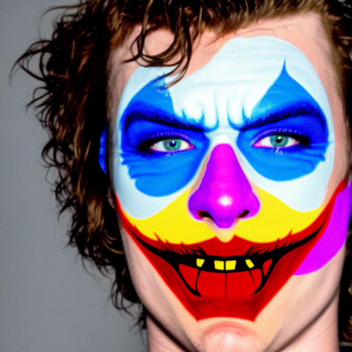Artificial Intelligence (AI) generated image art, close up portrait of a young man with joker face paint on a grey background