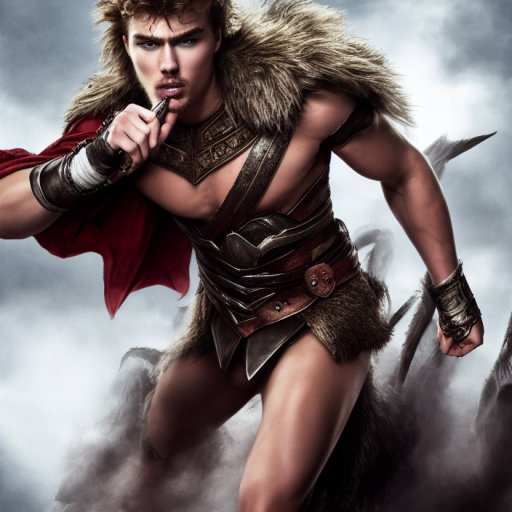 Artificial Intelligence (AI) generated image art, portrait of a young man dashing toward the camera in a barbarian outfit and a fur cloth over his shoulders, the background is a cloudy grey