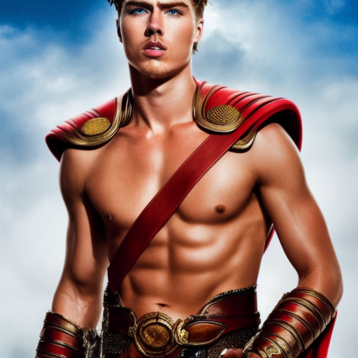 Artificial Intelligence (AI) generated image art, realistic portrait of a young man with blue eyes walking toward the camera shirtless, he has a cape over his shoulders, the background is a blue sky with clouds