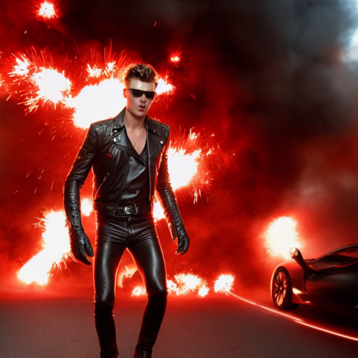Artificial Intelligence (AI) generated image art, full body shot portrait of a man in sunglasses and a black leather jacket walking away from a massive firework explosion, a black sportscar is behind the man in the right bottom corner of the image