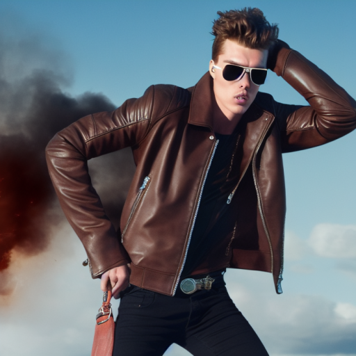 Artificial Intelligence (AI) generated image art, portrait photo of a man in a brown leather jacket with sunglasses posing in front of an explosion and a nice clear blue sky