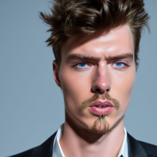 Artificial Intelligence (AI) generated image art, close up portrait photo of a man in a blue suit, the man has piercing blue eyes, brown hair and a moustache, the subject is well lit with the background in a grey color