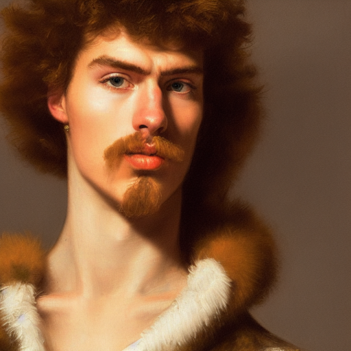 Artificial Intelligence (AI) generated image art, close up portrait painting of a young man in a fur jacket with a grey-brown background, portrait is painted in the style of Rembrandt Harmenszoon van Rijn