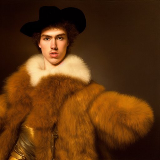 Artificial Intelligence (AI) generated image art, portrait painting of a young man in a fur jacket and a black renaissance hat with a brown background, portrait is painted in the style of Rembrandt Harmenszoon van Rijn