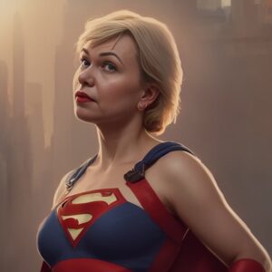 Artificial Intelligence (AI) generated image art, a semi profile portrait of middle aged woman with blonde hair and red lipstick in a supergirl outfit posing confidently in front of a brownish heavily foggy New York city