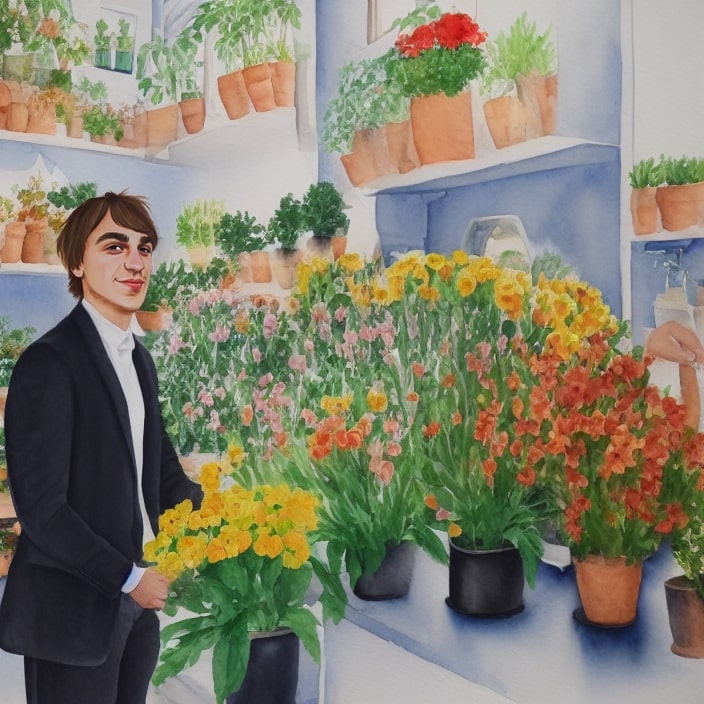 Artificial Intelligence (AI) generated image art, a portrait of a young man with brown hair and dark eyes standing in a flower shop, looking with a knowing smile into the camera, the portrait is a watercolor painting, the flower shop has many brown pots with either yellow or red flowers