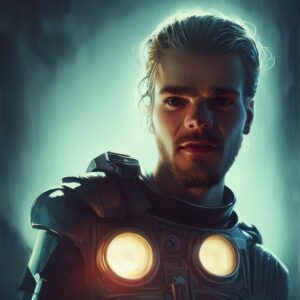 Artificial Intelligence (AI) generated image art, a portrait of a young man with blond hair and a trimmed beard looking at the camera, he wears a scifi space suit without a helmet, two bright yellow circular led lights glow from the chest area of the suit, the background has a moody blue atmosphere, the scene is dark with a contrasting backlight shining on the left side of the man