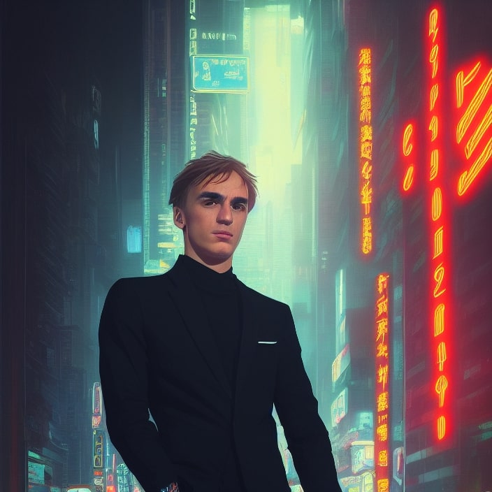 Artificial Intelligence (AI) generated image art, waist up portrait of a young man in a black suit staring into the camera, the background is a futuristic tokyo street filled with red neon light signs disappearing into a blue haze in the distance