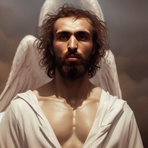 Artificial Intelligence (AI) generated image art, concept art portrait of a young muscular angel, the young man has brown hair and brown eyes, he is wearing white robes, the background is misty and dark grey